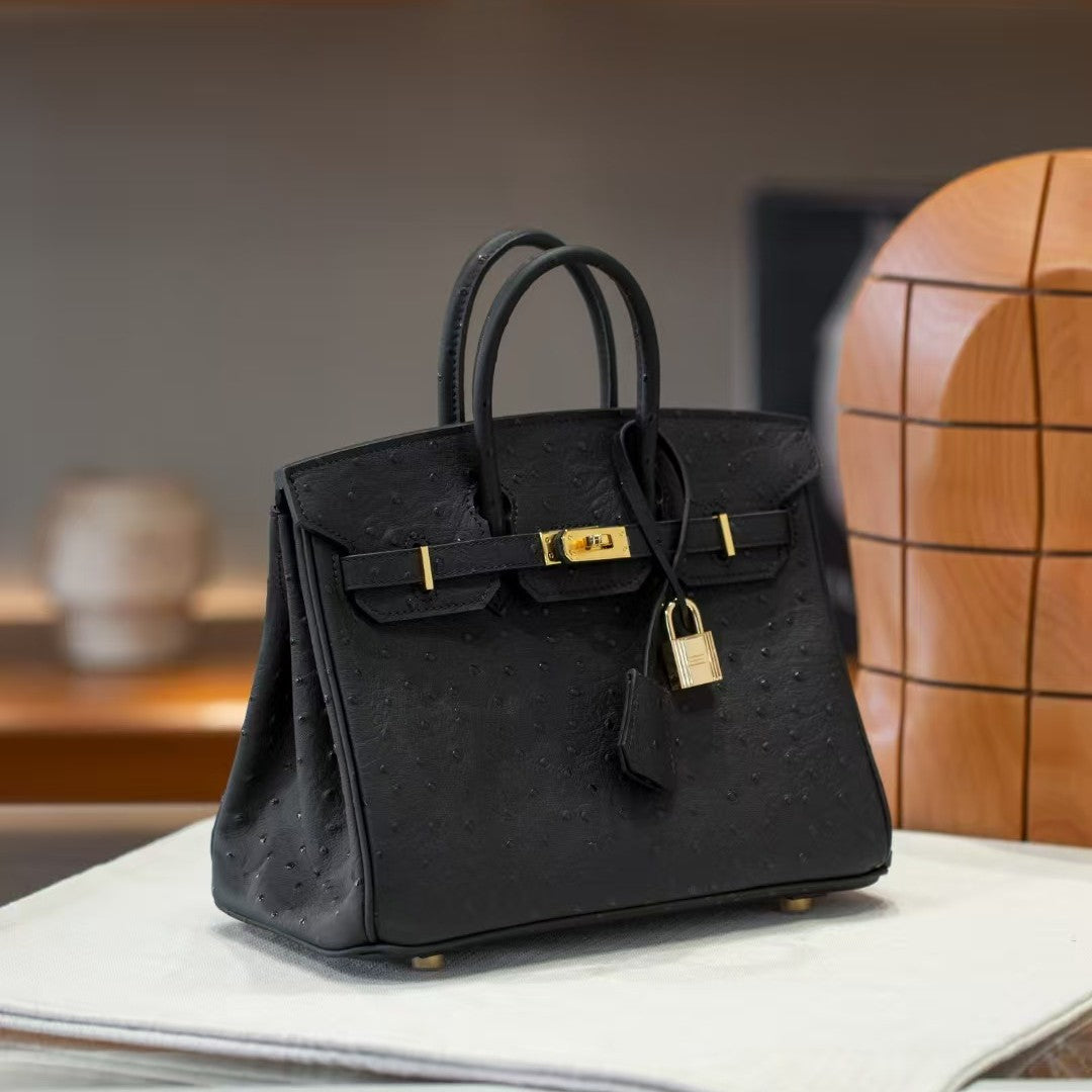 Genuine Top Layer Cowhide Ostrich-Embossed Birkin-Style Bag for Women, New Large Capacity Casual Top Handle Handbag, Premium Leather Purse for Ladies