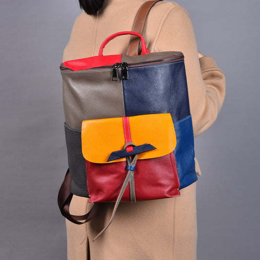 Premium Vintage Top-Layer Cowhide Leather Bucket Backpack for Women | Colorful Color-Block Casual Daypack with Spacious Interior | Trendy Convertible Bag for Travel, School & Daily Outings | Unique Bohemian Style Rucksack with Artistic Flair