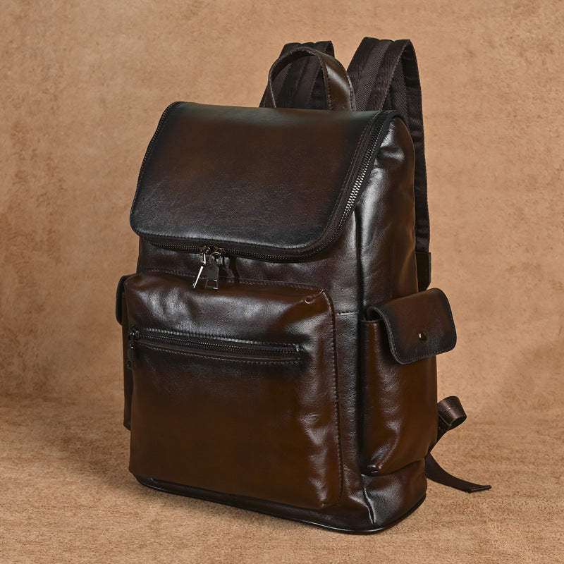 Men's Vintage Genuine Leather Backpack Top Layer Cowhide Large Capacity Travel Bag Casual School Daypack Laptop Compatible