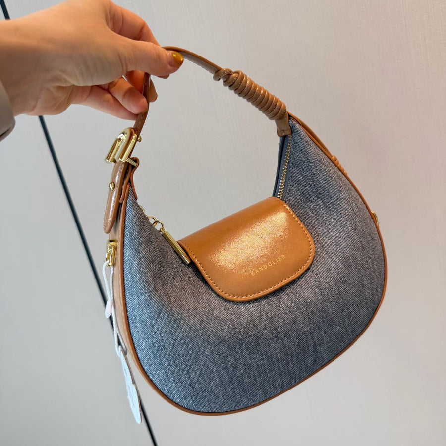 Color-Block Crescent Bag for Women Fall Winter Light Luxury Top Handle Shoulder Crossbody Purse, High-Quality Versatile Going-Out Handbag with Chic Contrast Design