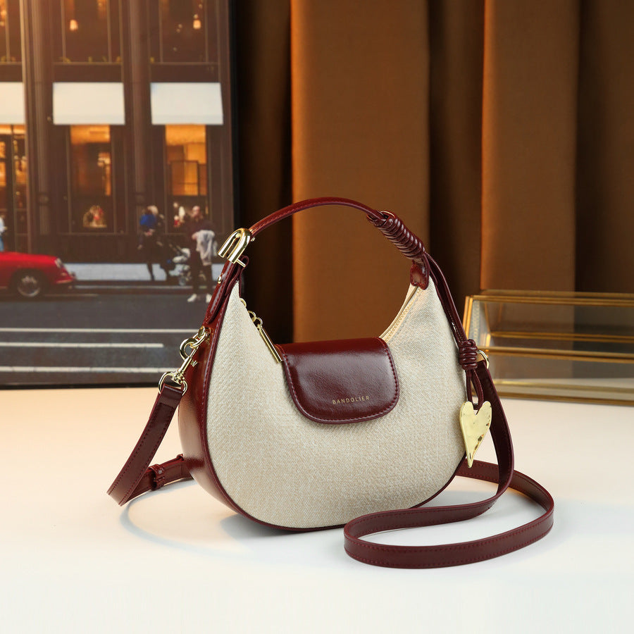 Color-Block Crescent Bag for Women Fall Winter Light Luxury Top Handle Shoulder Crossbody Purse, High-Quality Versatile Going-Out Handbag with Chic Contrast Design
