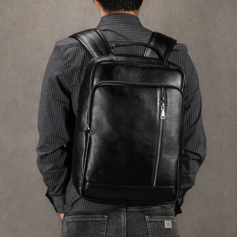 Black Genuine Leather 15-Inch Laptop Backpack with USB Port, Business Commute Daypack, Premium Cowhide School Travel Bag for Men
