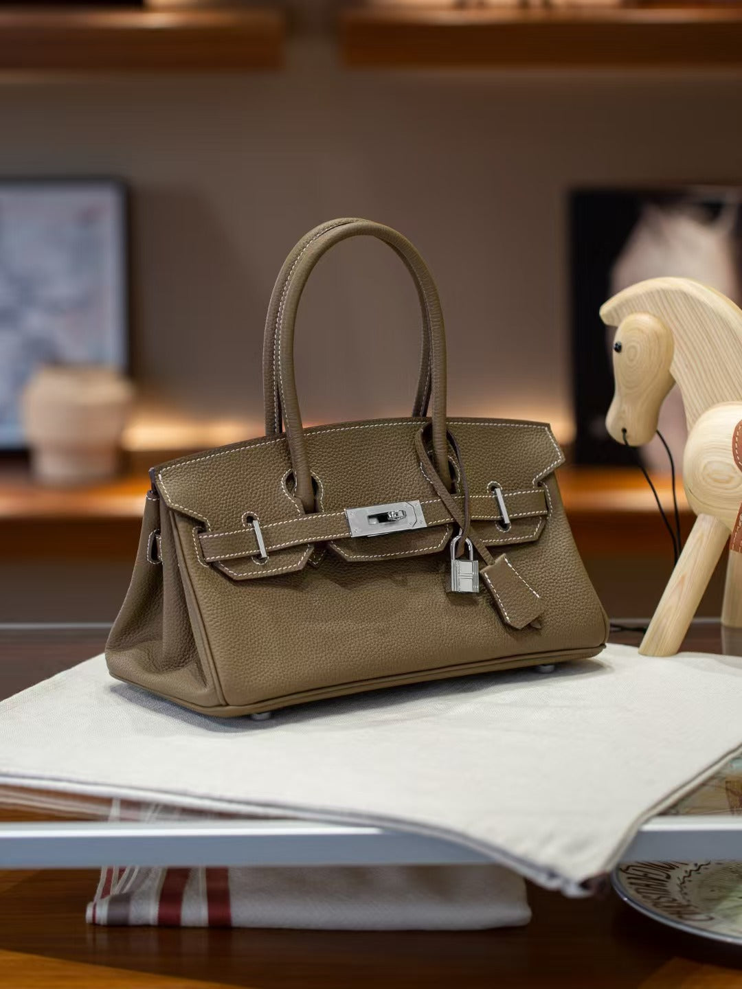 Genuine Togo Leather Birkin-Style Bag for Women, New Vintage Horizontal Top Handle Handbag, Premium Retro Purse for Ladies