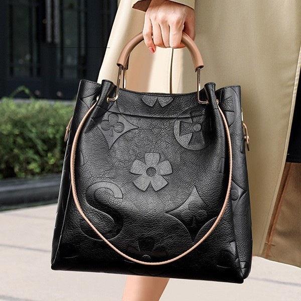 Women's Fashion Embossed Tote Bag Set – Large Capacity Bucket Handbag with Matching Pouch, Chic and Sophisticated Everyday Carryall