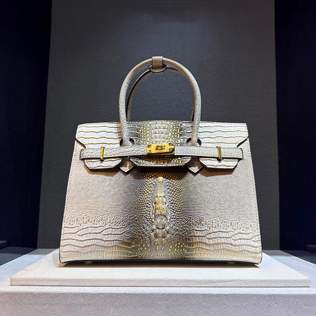 Genuine Leather Crocodile-Embossed Birkin-Style Handbag for Women, Fashionable Top Handle Shoulder Crossbody Purse, Trendy Bag for Ladies
