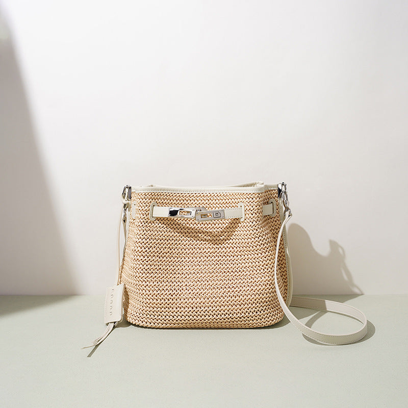 Woven Beach Bucket Bag for Women, New Summer Vacation Slouchy Shoulder Crossbody Top Handle Purse, Versatile Casual Handbag for Ladies