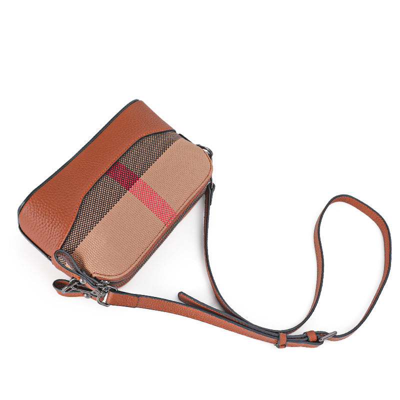 New European Style Genuine Cowhide Small Square Bag, Casual Crossbody Shoulder Purse, Premium Plaid Handbag for Women