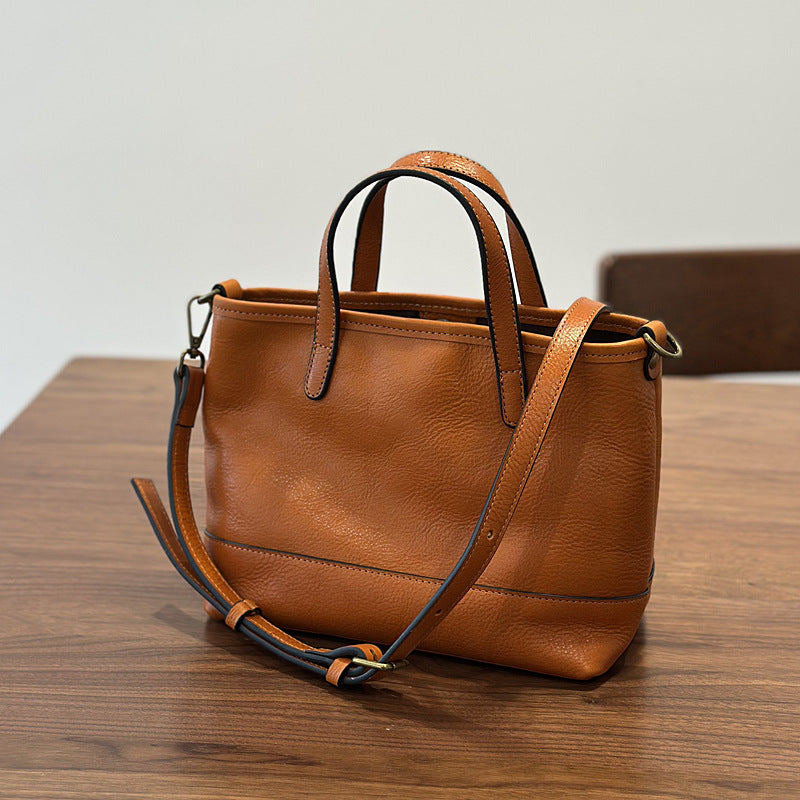 Genuine Top Layer Cowhide Tote Bag for Women, Spring Summer Solid Color Commute Shoulder Crossbody Handbag, Versatile Everyday Purse for Ladies