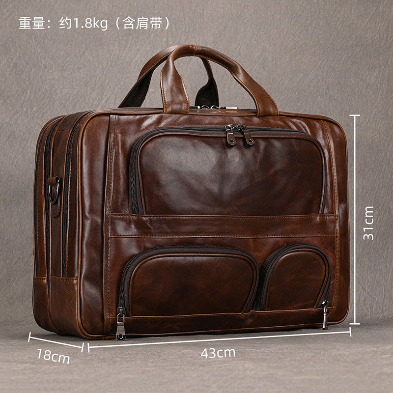 Genuine Oil Leather 17-Inch Laptop Briefcase for Men, New Large Capacity Business Top Handle Shoulder Bag, Premium Leather Work Commute Bag for Gentlemen