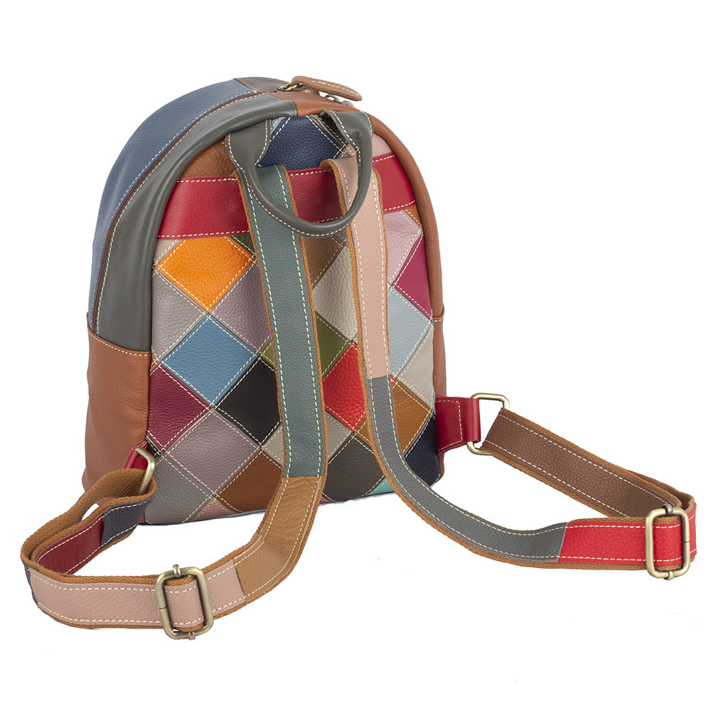 Genuine Top Layer Cowhide Colorful Plaid Color Block Backpack for Women, Casual Travel Daypack, Trendy Leisure Shoulder Bag for Ladies