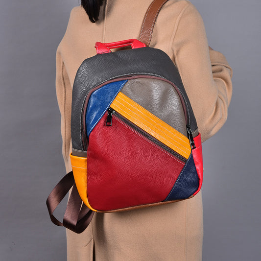 New Vintage Top Layer Cowhide Colorful Backpack, Casual Outdoor Travel Daypack, Unique Genuine Leather Bag for Women