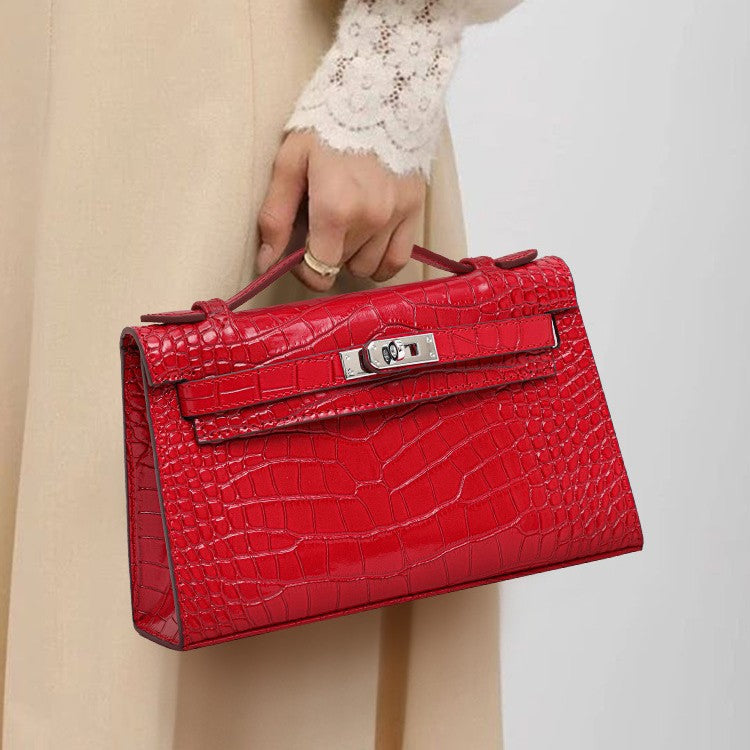 Genuine Leather Red Crocodile-Embossed Kelly-Style Handbag for Women, New Premium Shoulder Crossbody Top Handle Purse, Chic Bag for Ladies