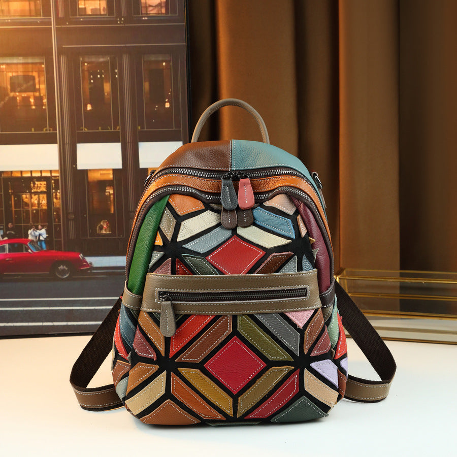 New Arrival Multi-Color Quilted Leather Backpack for Women, A Large Capacity Travel Daypack with Contrast Color Design & Versatile Carry Options