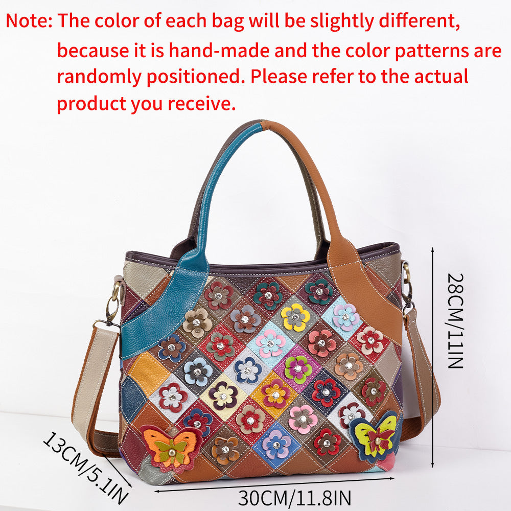 Premium Handcrafted Floral Patchwork Color-Block Tote for Women | Genuine Leather Top-Handle Cross-Body Shoulder Bag with Unique Artistic Design | Versatile 3-in-1 Carry Purse for Work, Errands, Travel & Everyday Chic | Trendy Statement Handbag with