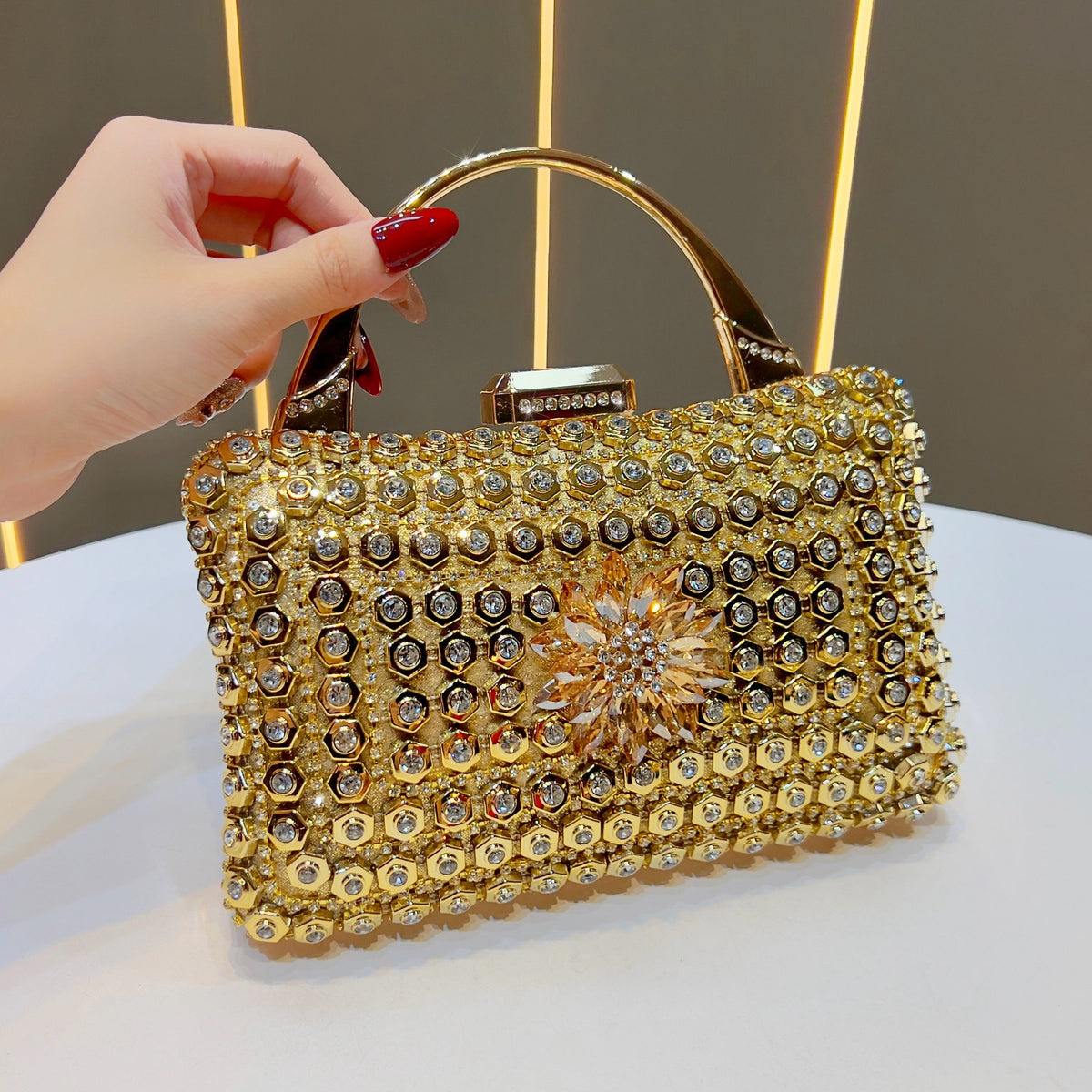 Women's Rhinestone-Embellished Evening Clutch, Premium Glamorous Top-Handle Handbag with Chain Strap, Perfect Banquet Purse