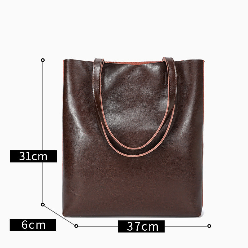 Waxed Cowhide Tote Bag for Women Large Capacity Practical Shoulder Handbag, Versatile Commuter Purse with Rich Leather Texture