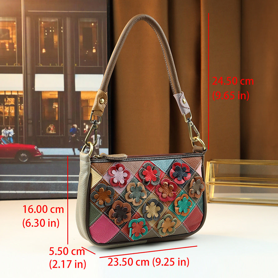 Handcrafted Patchwork Floral Quilted Mini Square Bag for Women Genuine Leather Lightweight Shoulder Crossbody Purse