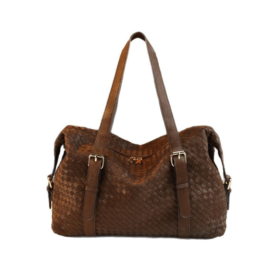 Woven Travel Tote Bag for Men and Women Large Capacity Shoulder Luggage Handbag, Coffee Brown Business Trip Purse with Versatile Design