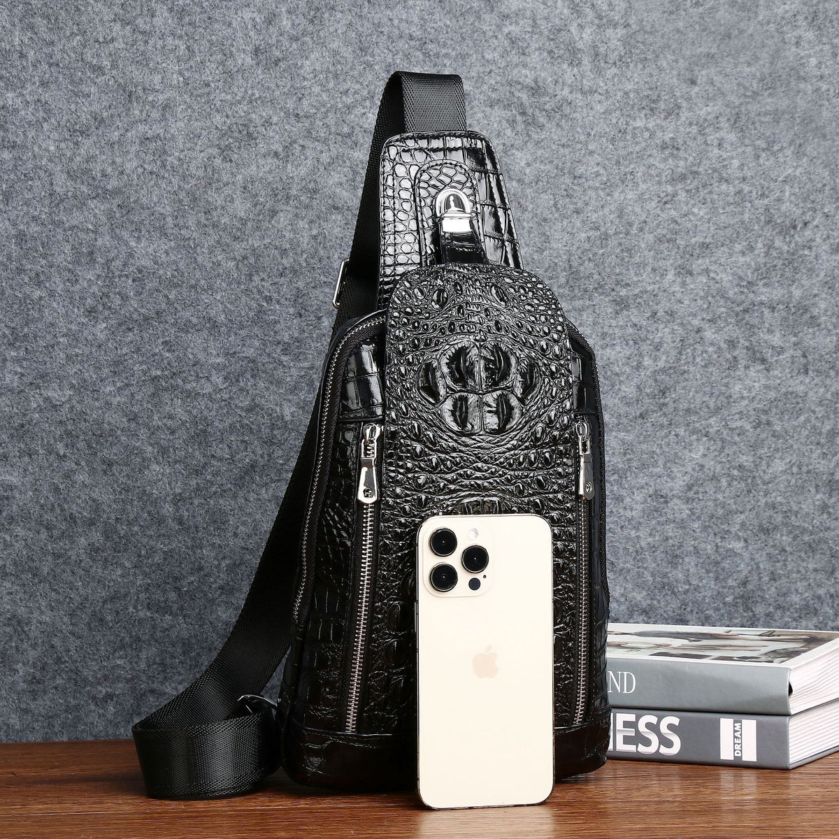 New Arrival Croc-Effect Genuine Leather Chest Bag for Men, A Top-Layer Cowhide Crossbody Shoulder Front Pack with Fashionable Design, Perfect for Outdoor & Casual Use