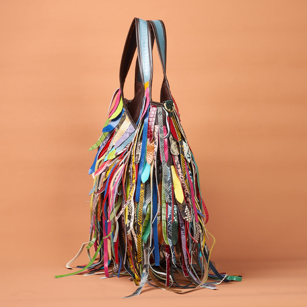 Genuine Leather Colorful Tassel Hobo Bag for Women, New Arrival Large Capacity Shoulder Crossbody Purse, Unique Designer Handbag for Ladies