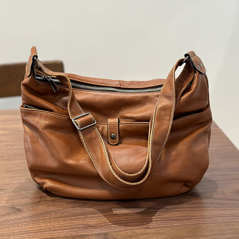 Genuine Top Layer Cowhide Large Tote Bag for Women, Korean Style Versatile Shoulder Crossbody Purse, Hong Kong Casual Handbag for Ladies