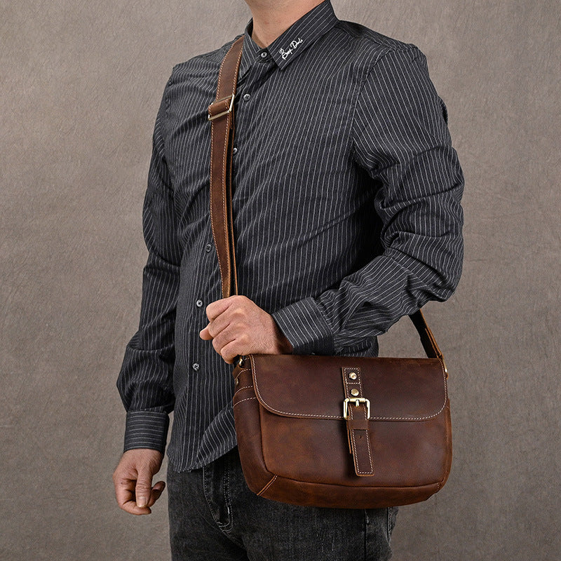 Crazy Horse Leather Flap Crossbody Shoulder Bag, Top Layer Cowhide Outdoor Casual Pouch for Men