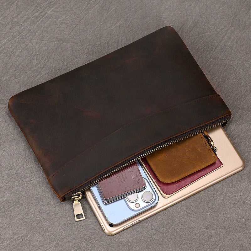Genuine Crazy Horse Leather Long Clutch Wallet for Men, Large Capacity Vintage Business Wristlet Bag with Strap, Premium Cowhide Handbag for Gentlemen