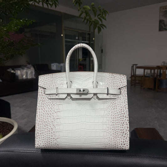 Genuine Top Layer Cowhide Crocodile-Embossed Birkin-Style 30 Bag for Women, External Stitching Hand-Stitched Waxed Thread with Steel Hardware, Burnished Edge Finish Handbag for Ladies