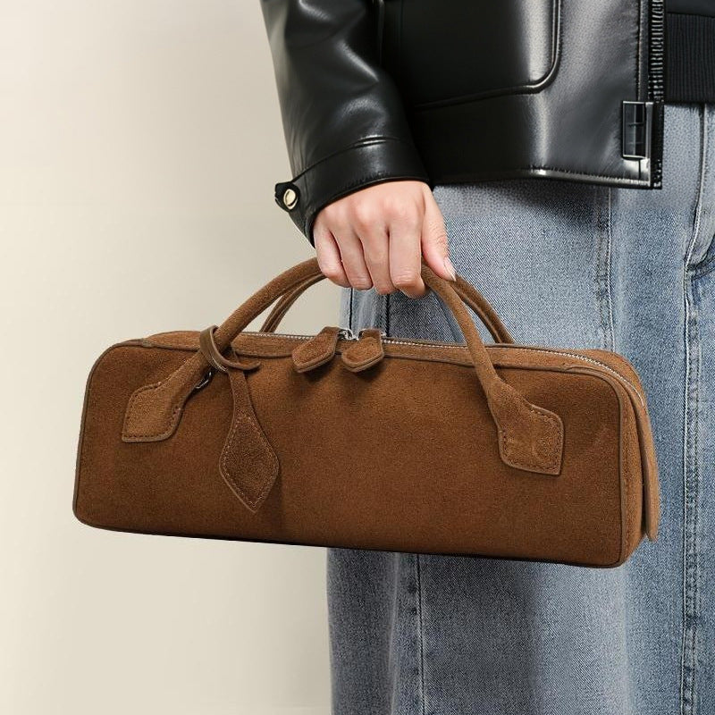 Genuine Suede Leather Baguette Bag for Women, New Vintage Large Capacity Top Handle Handbag, Matte Cowhide Sausage Shoulder Purse for Ladies