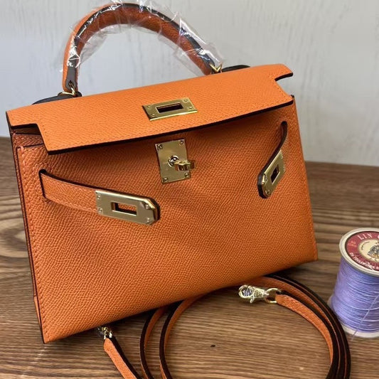 Genuine Leather Handmade Waxed Thread Mini 2nd Gen Kelly-Style Bag for Women, Classic Palm Texture Shoulder Crossbody Top Handle Purse, Premium Handbag for Ladies