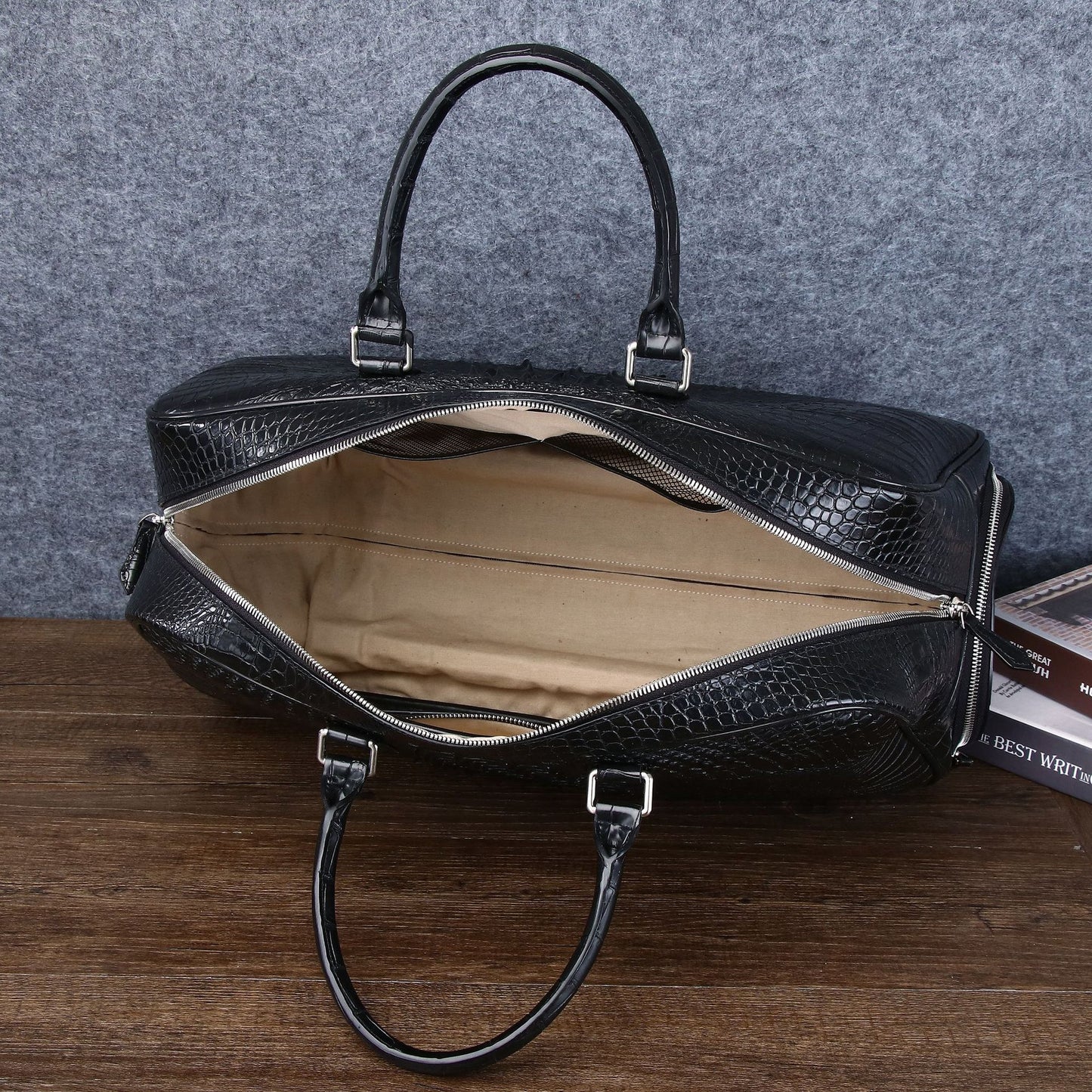 Premium Croc-Effect Business Travel Duffel Bag for Men, A Large Capacity Top-Handle Luggage with Trolley Sleeve & High-End Design, Perfect Weekend Getaway Bag