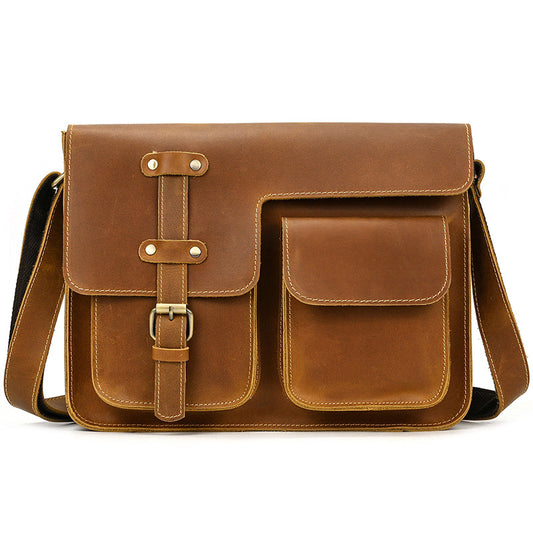 Crazy Horse Leather Flap Crossbody Shoulder Bag, 11-Inch iPad Briefcase, Vintage Top Layer Cowhide Work Bag for Men
