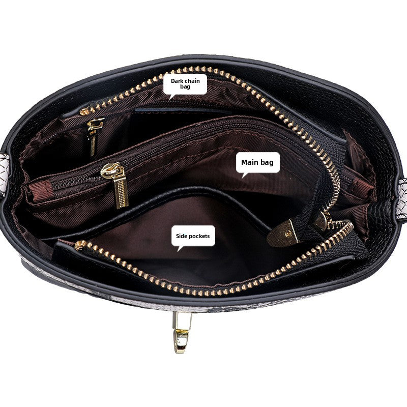 Genuine Leather Bucket Bag for Women, New Summer Versatile Mom Shoulder Bag, Fashionable Woven Texture Handbag for Ladies