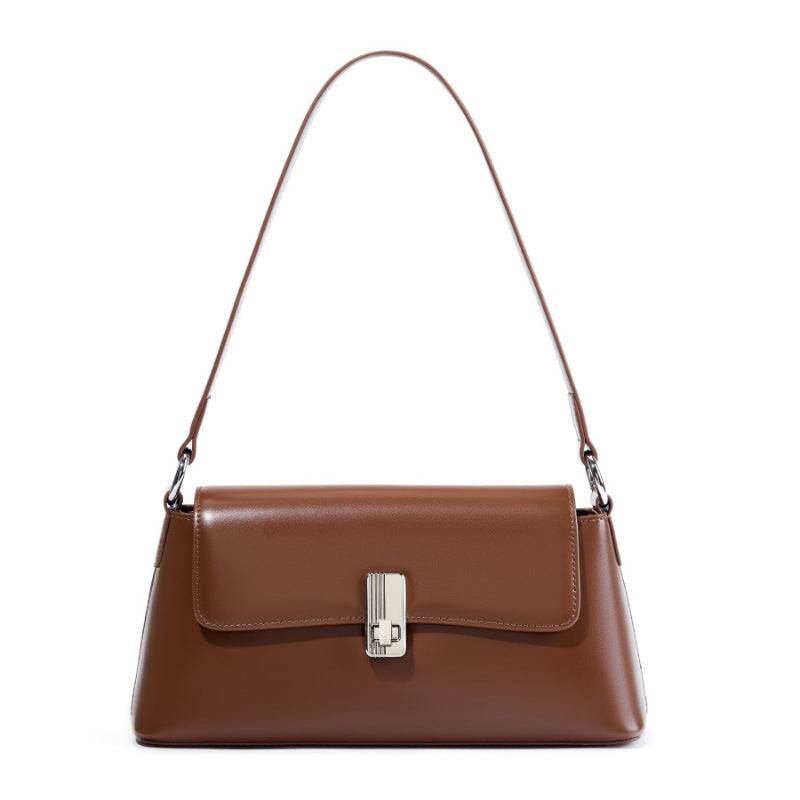 Red French Style Baguette Bag in Genuine Leather, Niche Premium Commute Shoulder Crossbody Top Handle Purse, Chic Underarm Handbag for Women