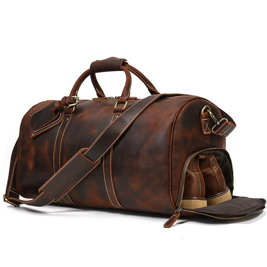 20-Inch Vintage Crazy Horse Leather Travel Duffle, Large Capacity Gym Weekender, Premium Top Layer Cowhide Bag for Men