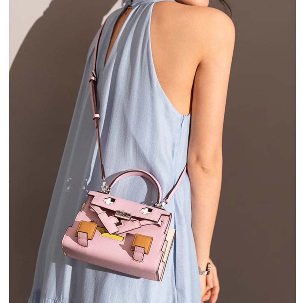Genuine Leather Mosaic Doll Kelly-Style Bag for Women, Summer Bestseller Niche Designer Top Handle Shoulder Crossbody Purse, Cartoon Print Handbag for Ladies
