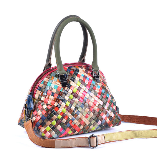 Genuine Leather Handwoven Colorful Cowhide Handbag for Women, New Arrival Top Handle Shoulder Crossbody Purse, Casual Travel Small Bag for Ladies