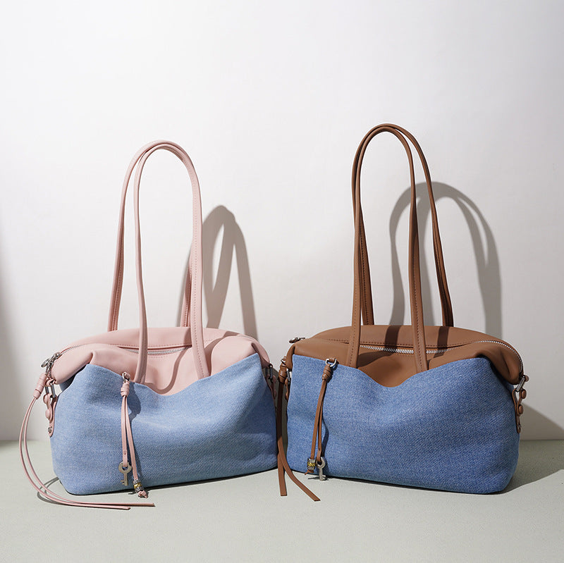 Genuine Cowhide Denim Patchwork Tote Bag for Women, New Spring Summer Vintage Large Capacity Shoulder Underarm Top Handle Handbag, Versatile Commute Purse for Ladies