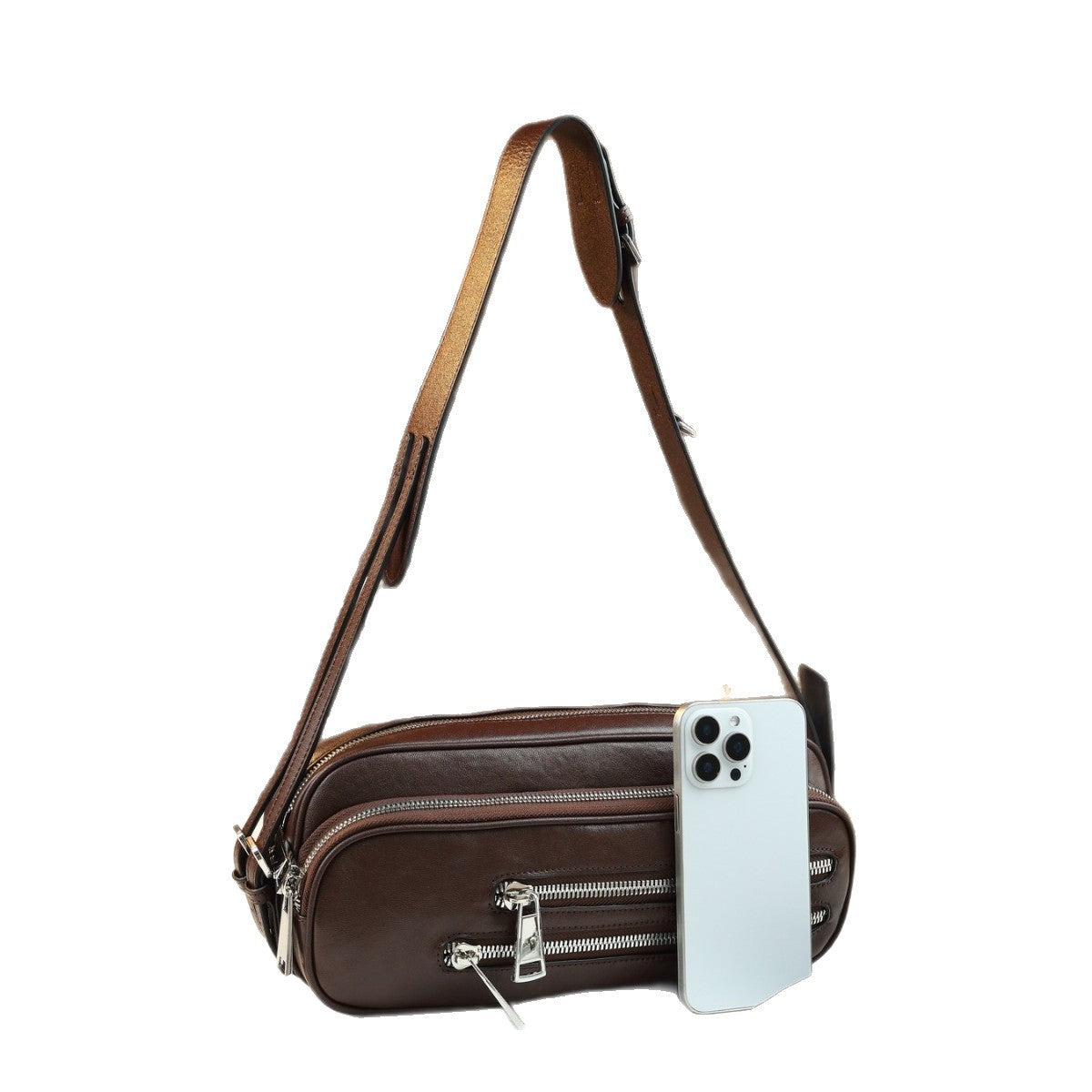 Top Layer Cowhide Multi-Pocket Baguette Bag for Women Vintage Shoulder Crossbody Handbag, Casual Fall Purse with Detachable Sub-Bag
