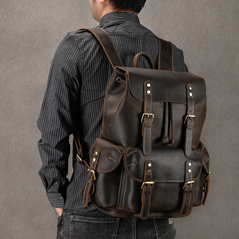 Large Capacity Crazy Horse Leather Flap Backpack, Original Outdoor Travel Daypack, Unique Top Layer Cowhide Rucksack for Men