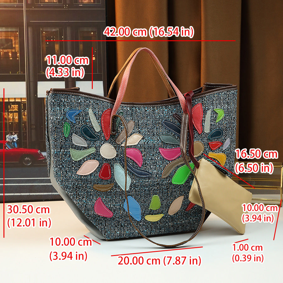 Genuine Leather Patchwork Bucket Bag for Women Irregular Design Shoulder Handbag, European Fashion Purse with Artistic Style