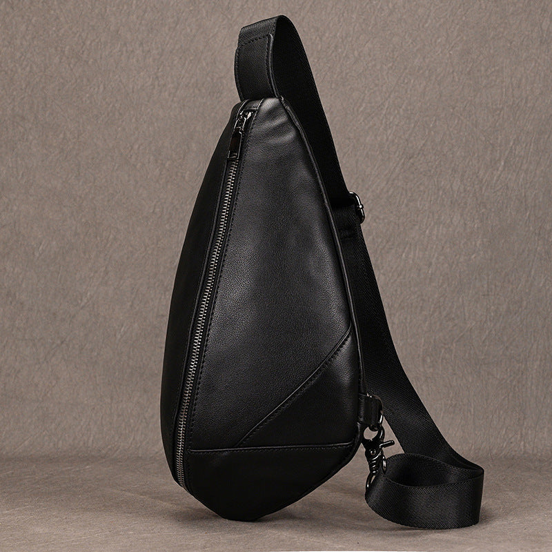 Black Genuine Leather Chest Bag, Fashionable Crossbody Shoulder Pouch, Outdoor Casual Bag for Men
