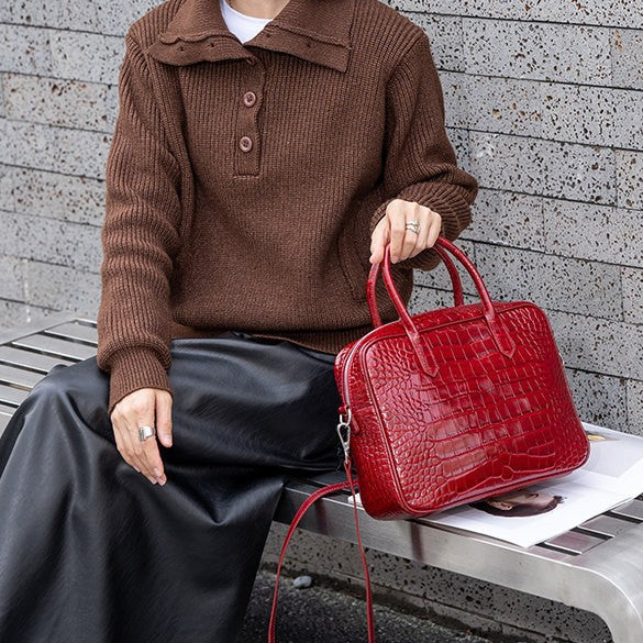 Genuine Leather Crocodile-Embossed Boston Bag for Women, New Stylish Large Capacity Commute Top Handle Crossbody Purse, Versatile Handbag for Ladies