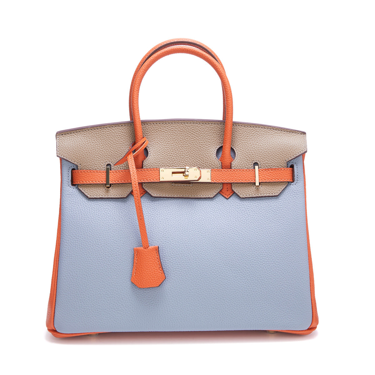 Genuine Leather Two-Tone Tote Shoulder Crossbody Bag, Large Lychee Grain Platinum-Style Contrast Color Handbag, Top-Layer Cowhide Purse for Women
