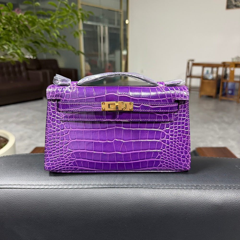 Genuine Top Layer Cowhide Crocodile-Embossed Kelly-Style 22cm Bag for Women, Hand-Stitched Waxed Thread with Full Steel Hardware, Light Luxury Small Square Top Handle Purse for Ladies