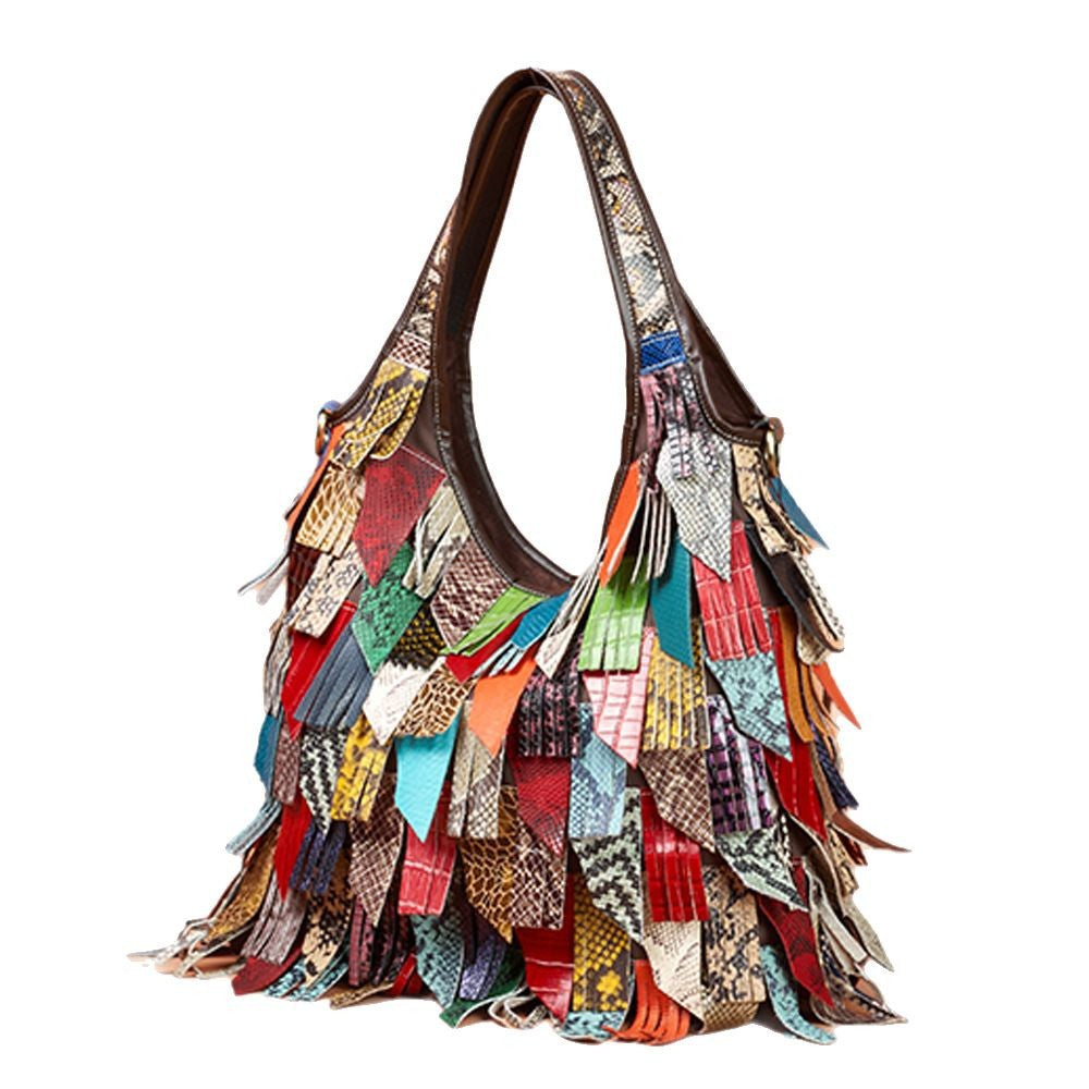 Genuine Leather Colorful Tassel Handbag for Women, Patchwork Design Crossbody Shoulder Bag, Trendy Fringe Tote Purse for Ladies