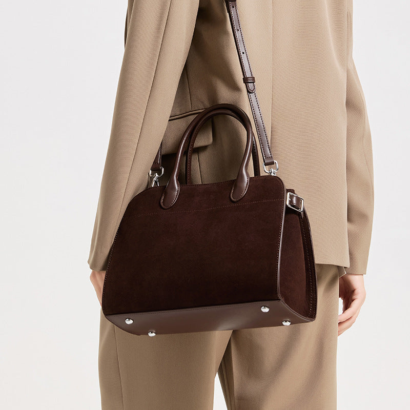 Genuine Leather Suede Tote Bag for Women Vintage Large Capacity Commuter Shoulder Handbag, Elegant Purse with Soft Velvety Texture