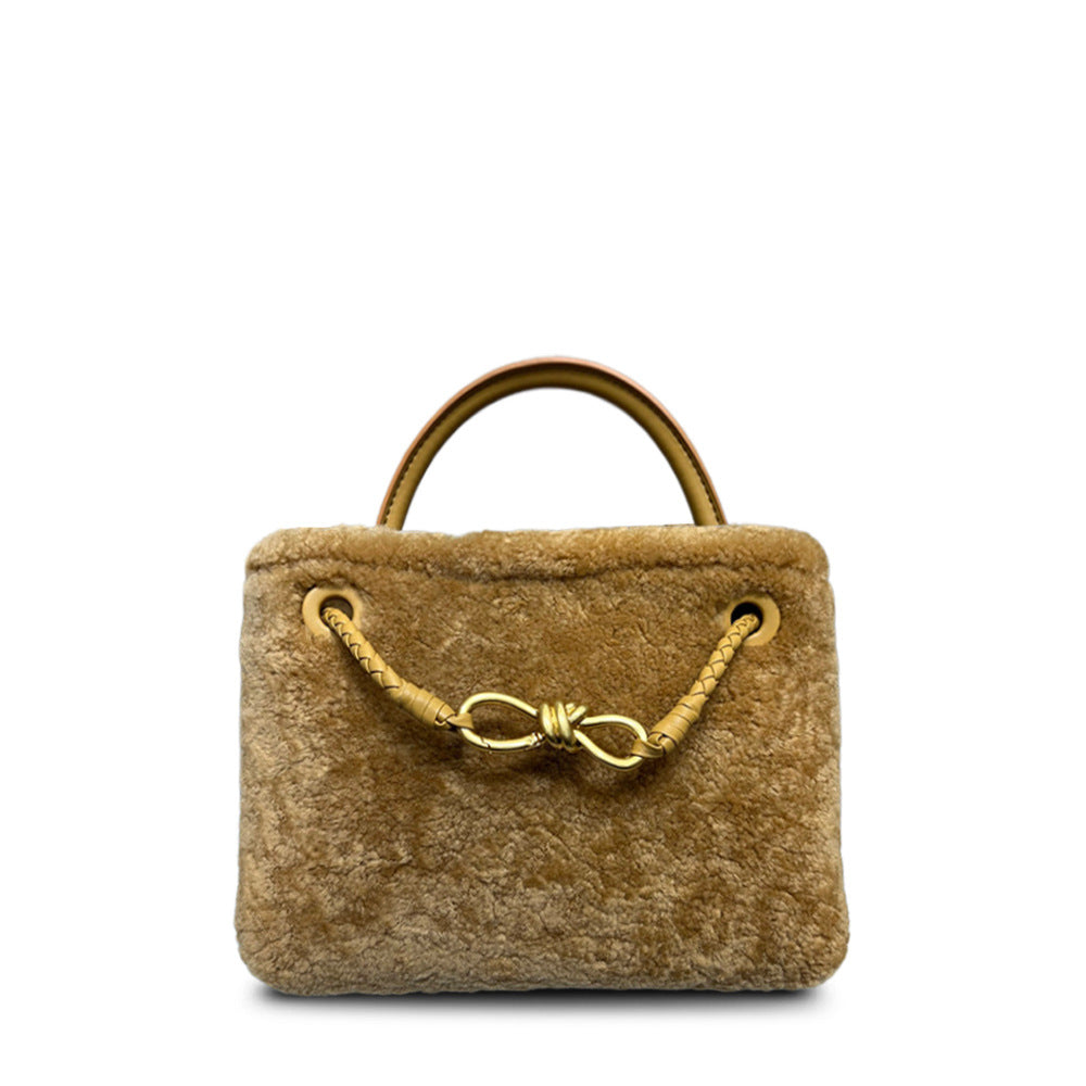 New Fall/Winter Lamb Wool Woven Tote with Metal Buckle, Vintage Large Commuter Shoulder & Crossbody Bag for Women