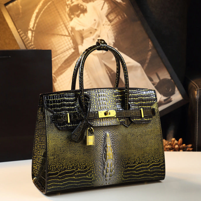 Elegant Gradient Croc-Embossed Birkin-Inspired Tote Bag for Women, Premium Genuine Leather Top-Handle Shoulder Handbag with Sophisticated Ombré Design, Perfect Gift for Mom