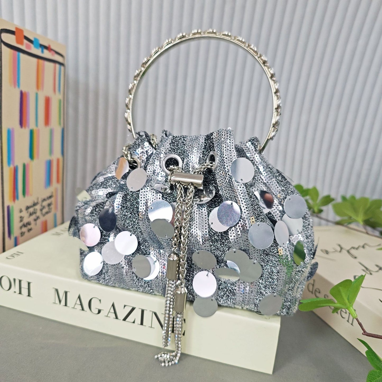 New Sequin Rhinestone Tassel Bucket Bag for Women, Sparkly Shoulder Crossbody Handbag, Evening Party Purse with Top Handle